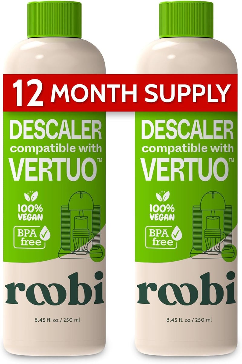 Roobi Nespresso Vertuo Compatible Descaling Solution. Eco-Friendly Formula to Clean & Descale Your Nespresso Vertuoline Machine. 2 Uses per Bottle, 2 Pack. Carbon Neutral Vertuo Descaling Kit. - Image 1
